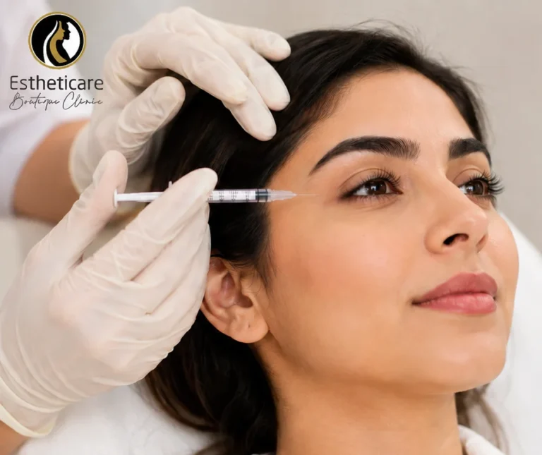 Botox treatment ad at Estheticare Clinic showing injection near eye with branding and benefits layout.